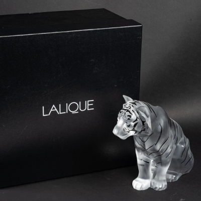 Sitting Tiger Large Sculpture Clear Black Enamelled Luster Lalique