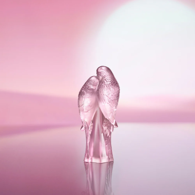 2 Parakeets Sculpture Pink Luster Crystal Lalique
