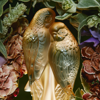 2 Parakeets Sculpture Gold Luster Crystal Lalique