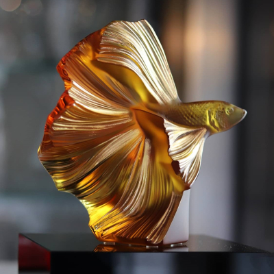 Fighting Fish Large Sculpture Amber Crystal Lalique